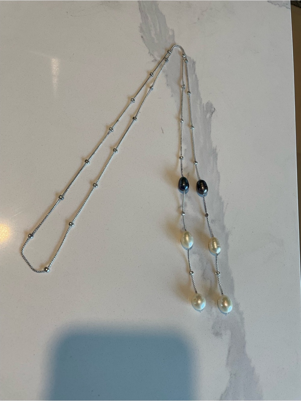 Silver Lariat Necklace with Black and White Freshwater pearls